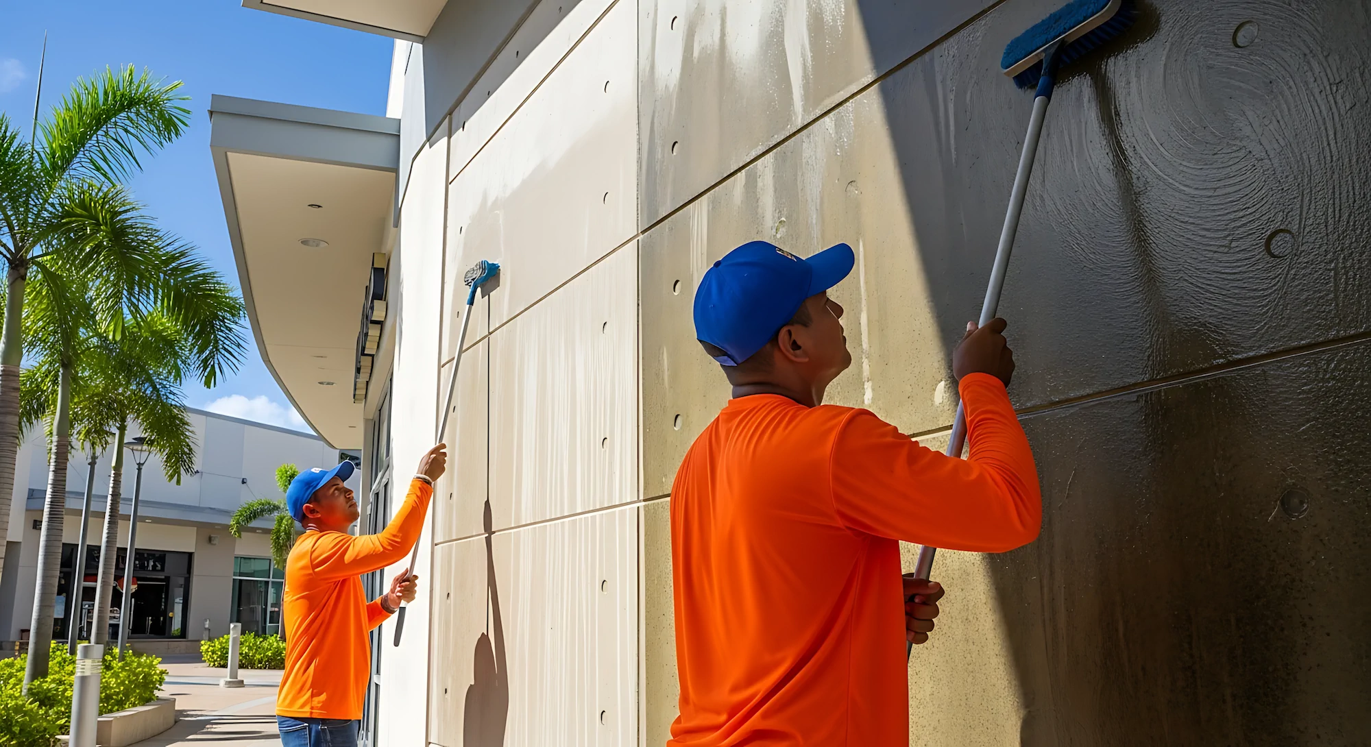 Técnicos de High Point limpiando y pintando una fachada comercial