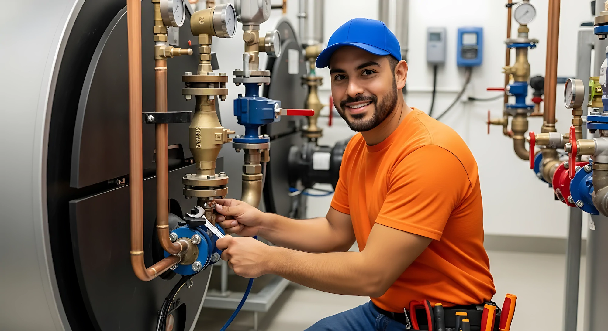 Plomero de High Point trabajando en un sistema de tuberías industrial
